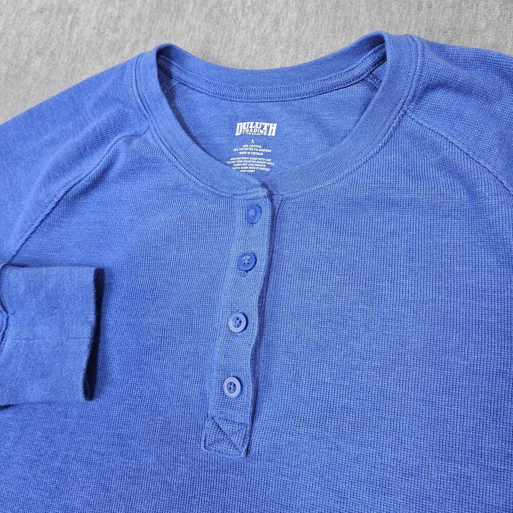 Duluth Trading Shirt Womens L Blue Longtail T Winter Waffle Henley Long Sleeve